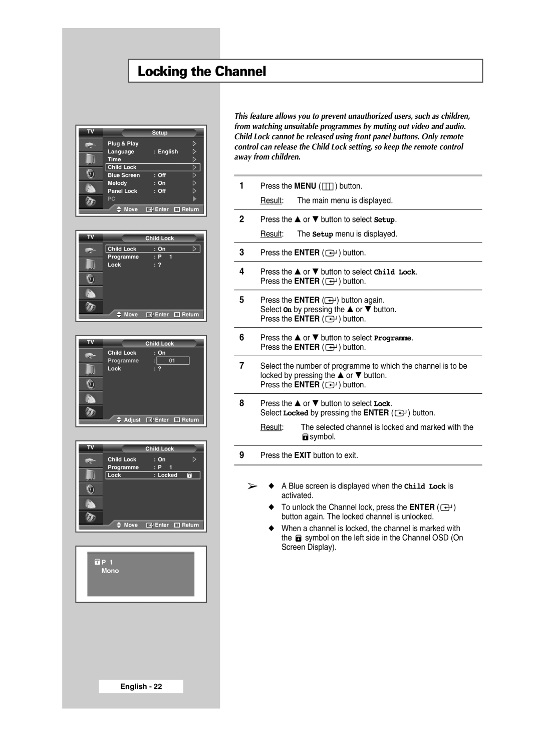 Samsung SP67L6HX manual Locking the Channel 