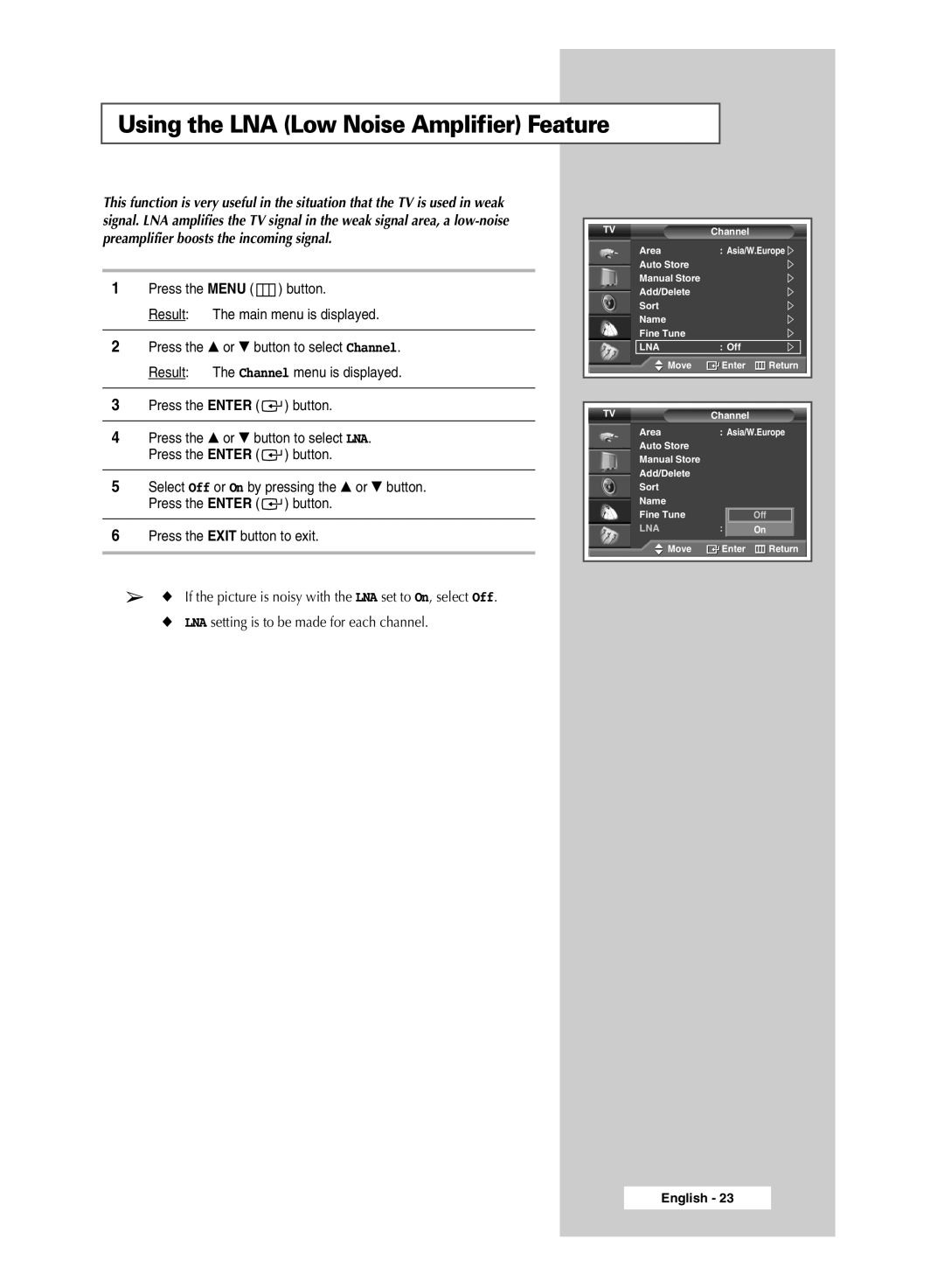 Samsung SP67L6HX manual Using the LNA Low Noise Amplifier Feature 