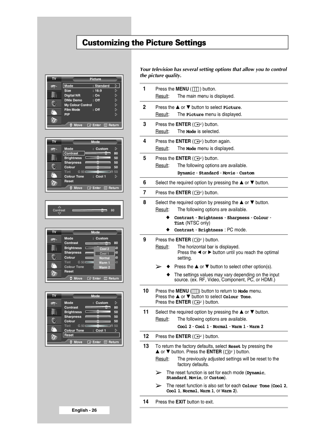 Samsung SP67L6HX manual Customizing the Picture Settings, Contrast Brightness PC mode, Cool 2 Cool 1 Normal Warm 1 Warm 