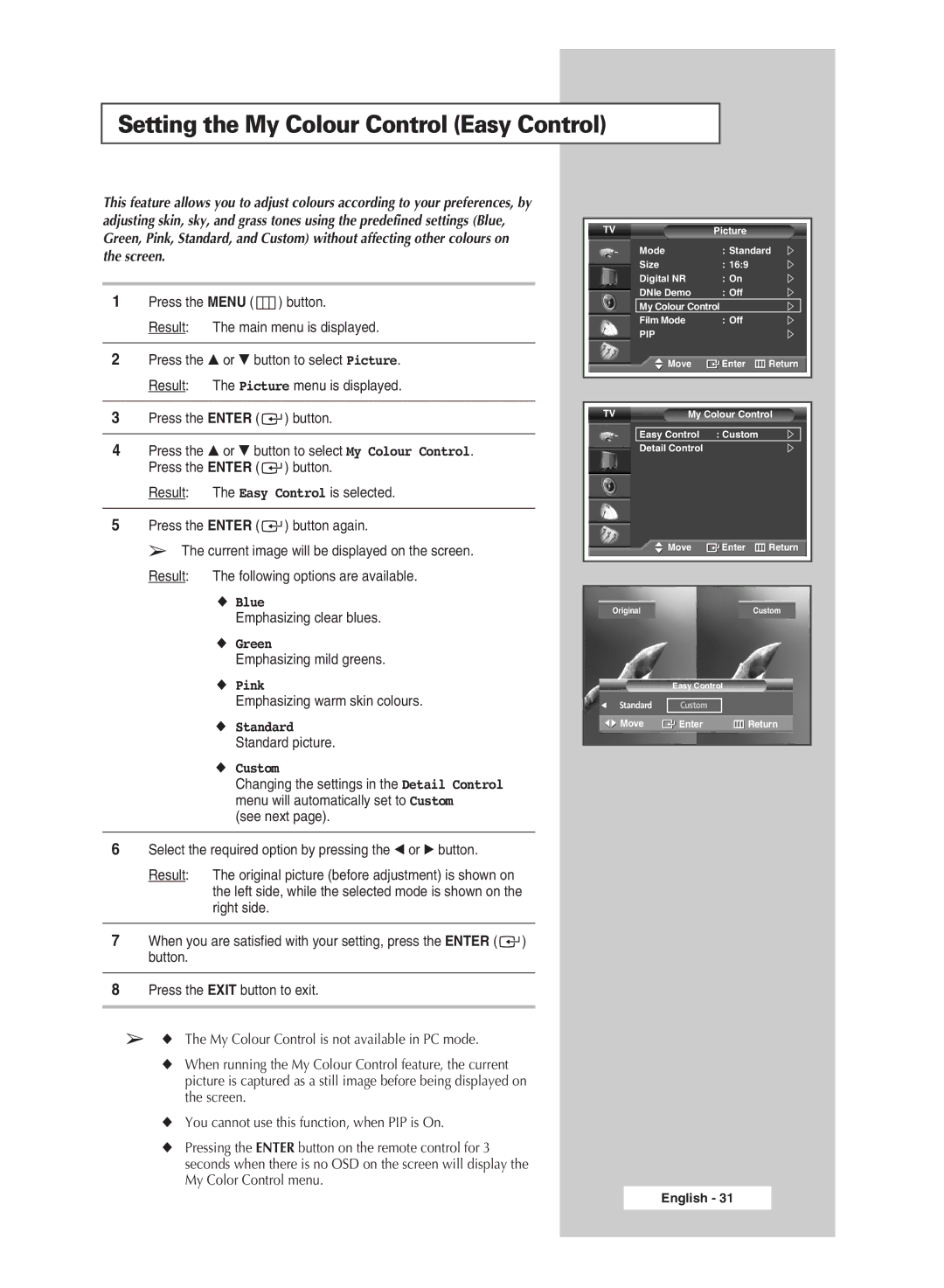 Samsung SP67L6HX manual Setting the My Colour Control Easy Control 