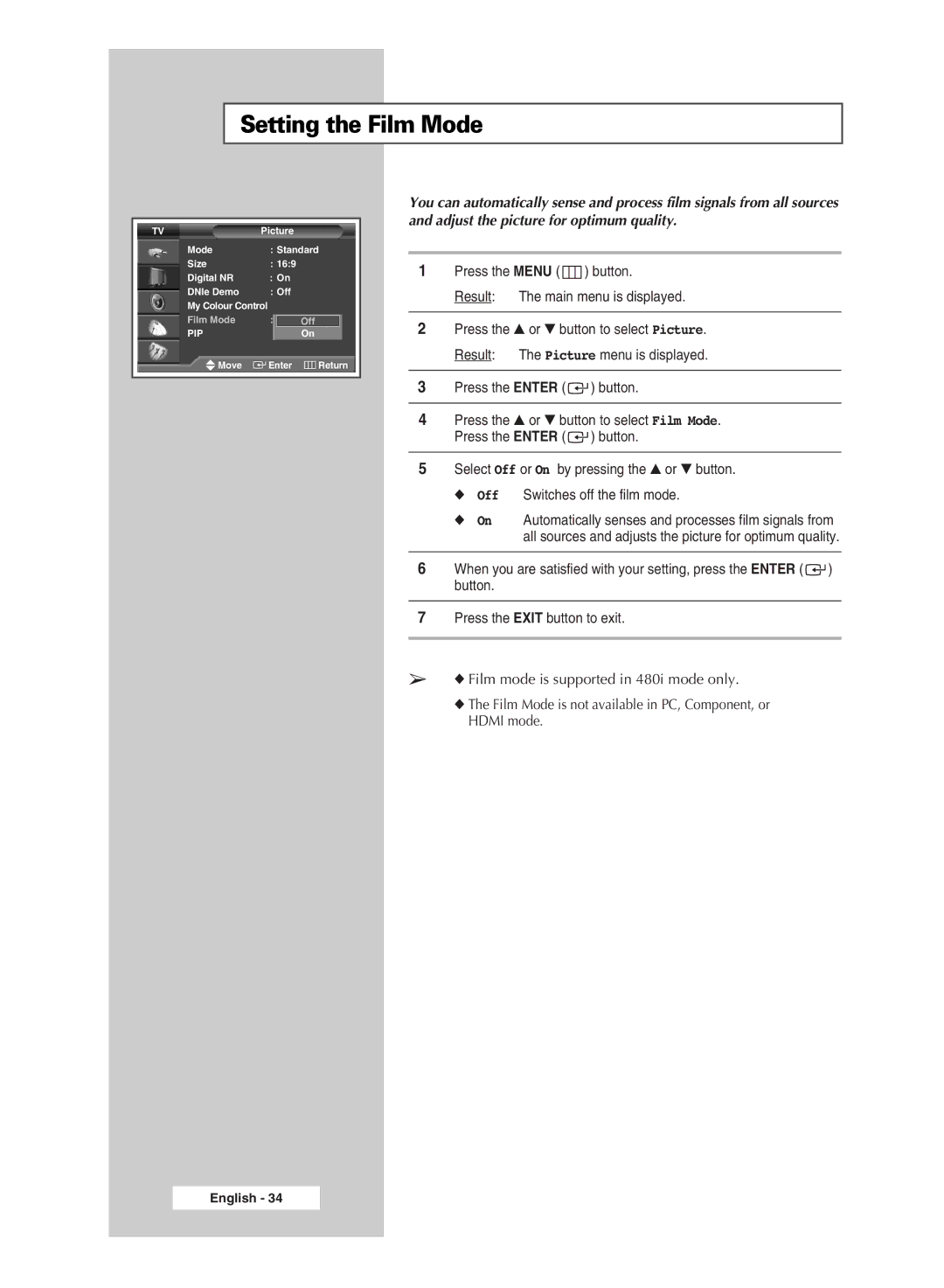 Samsung SP67L6HX manual Setting the Film Mode 