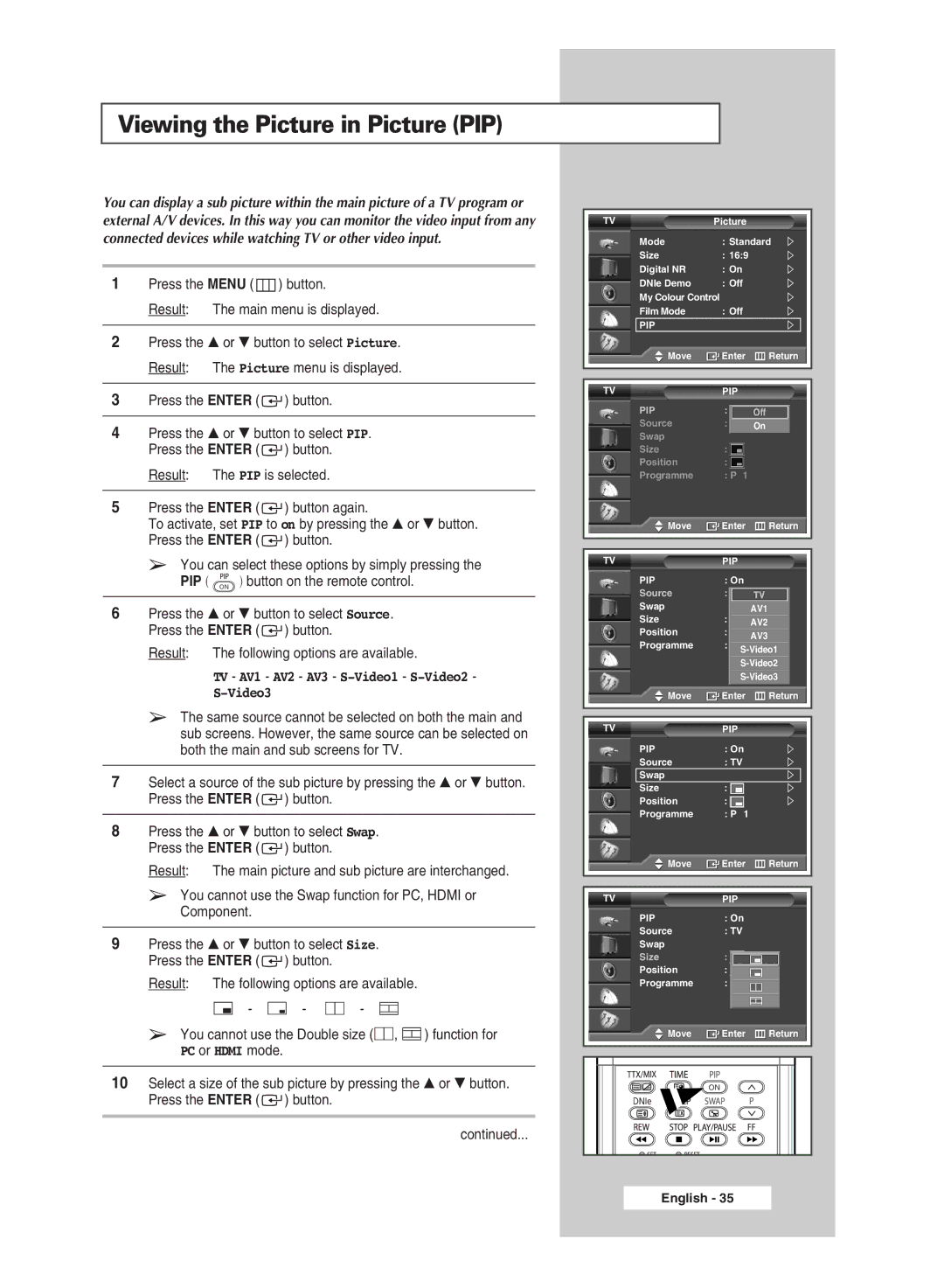 Samsung SP67L6HX manual Viewing the Picture in Picture PIP, TV AV1 AV2 AV3 S-Video1 S-Video2 Video3 