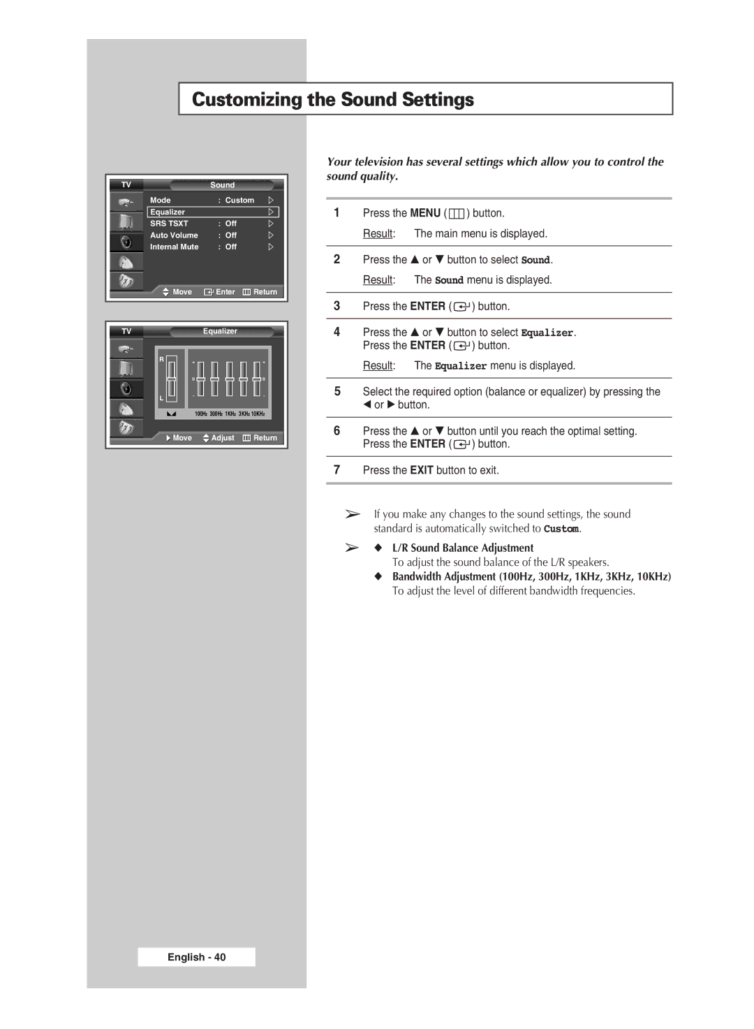 Samsung SP67L6HX Customizing the Sound Settings, Sound Balance Adjustment, To adjust the sound balance of the L/R speakers 