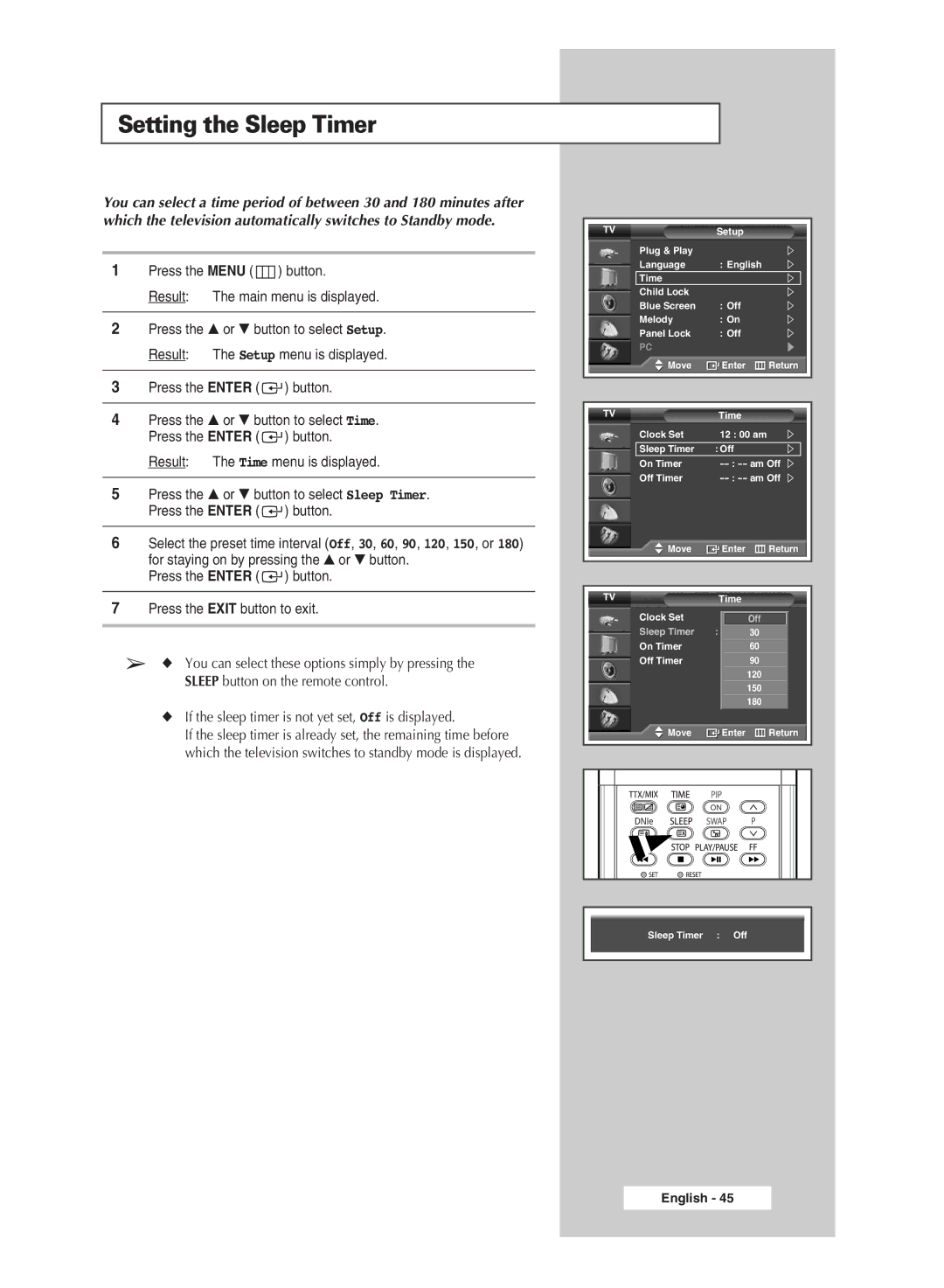 Samsung SP67L6HX manual Setting the Sleep Timer, If the sleep timer is not yet set, Off is displayed 