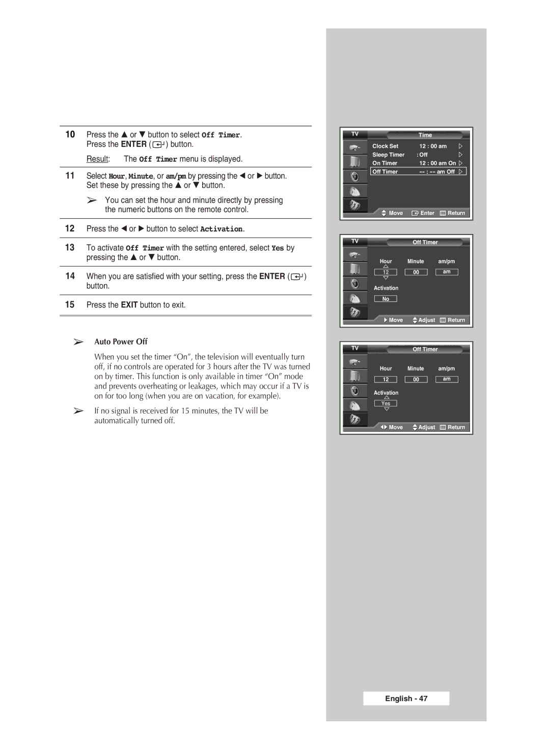 Samsung SP67L6HX manual Auto Power Off 