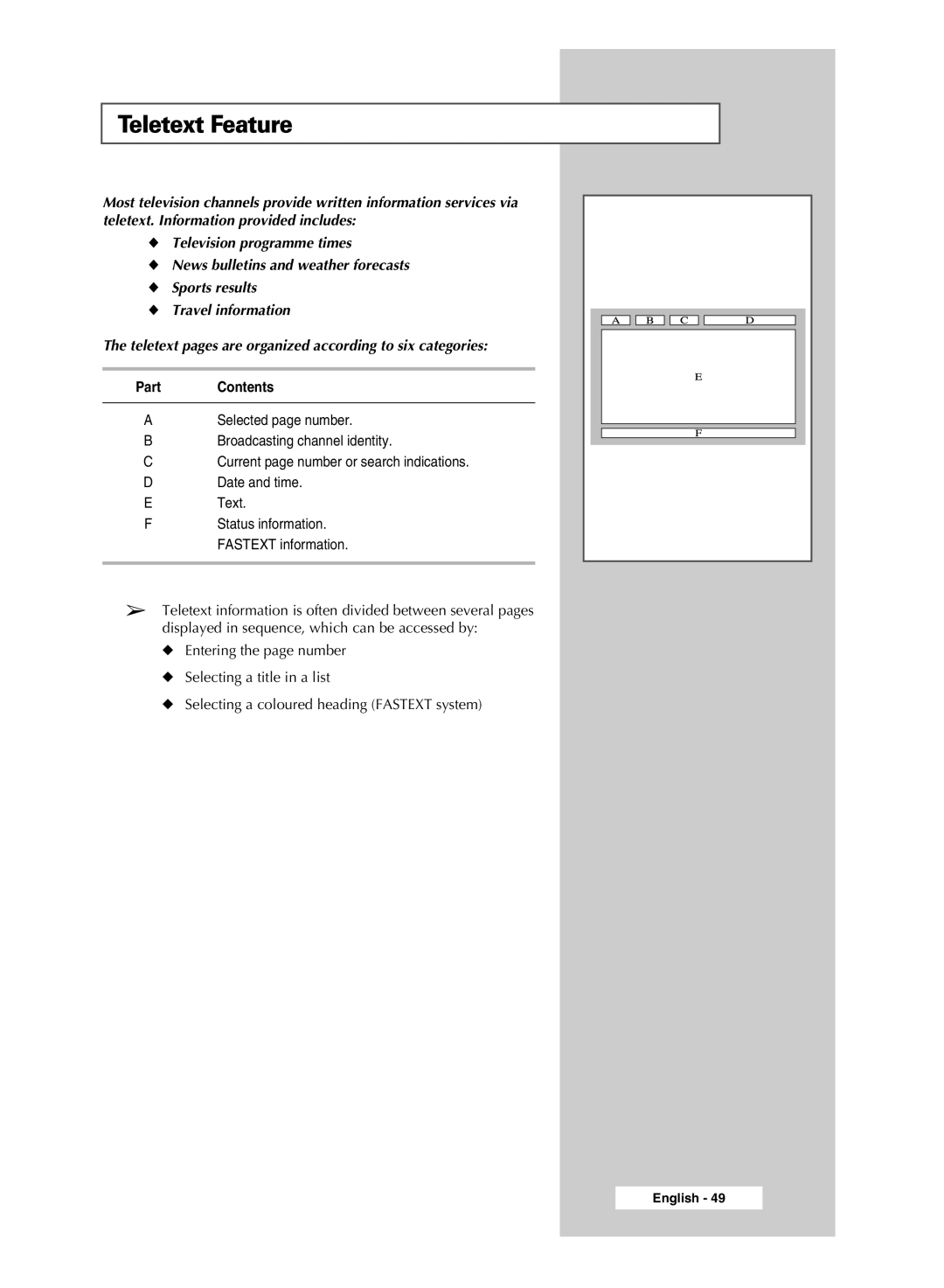 Samsung SP67L6HX manual Teletext Feature, Part Contents 