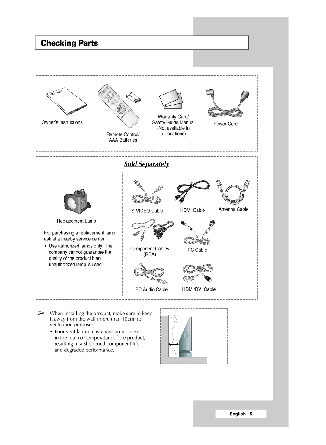 Samsung SP67L6HX manual Checking Parts, Owner’s Instructions, Replacement Lamp, Video Cable Hdmi Cable, PC Audio Cable 