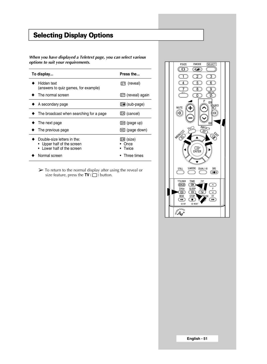 Samsung SP67L6HX manual Selecting Display Options, To display Press 