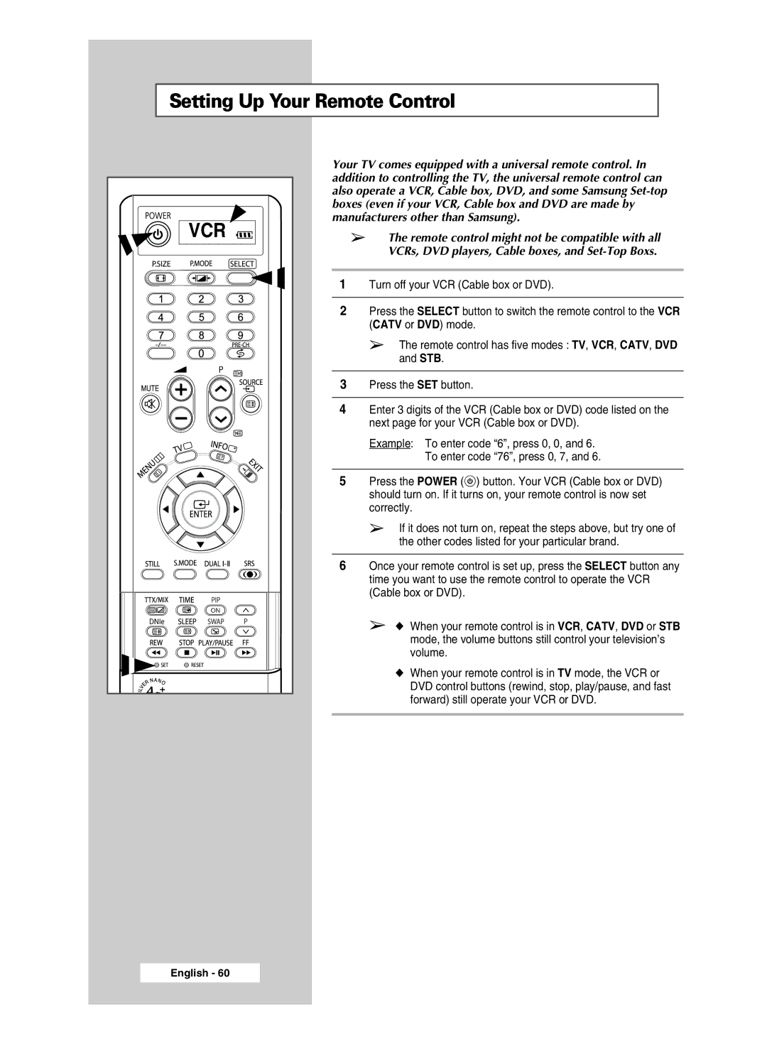 Samsung SP67L6HX manual Setting Up Your Remote Control, Vcr 