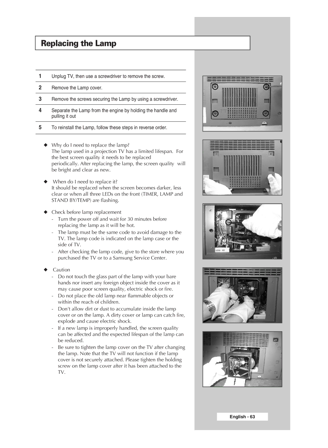 Samsung SP67L6HX manual Replacing the Lamp 