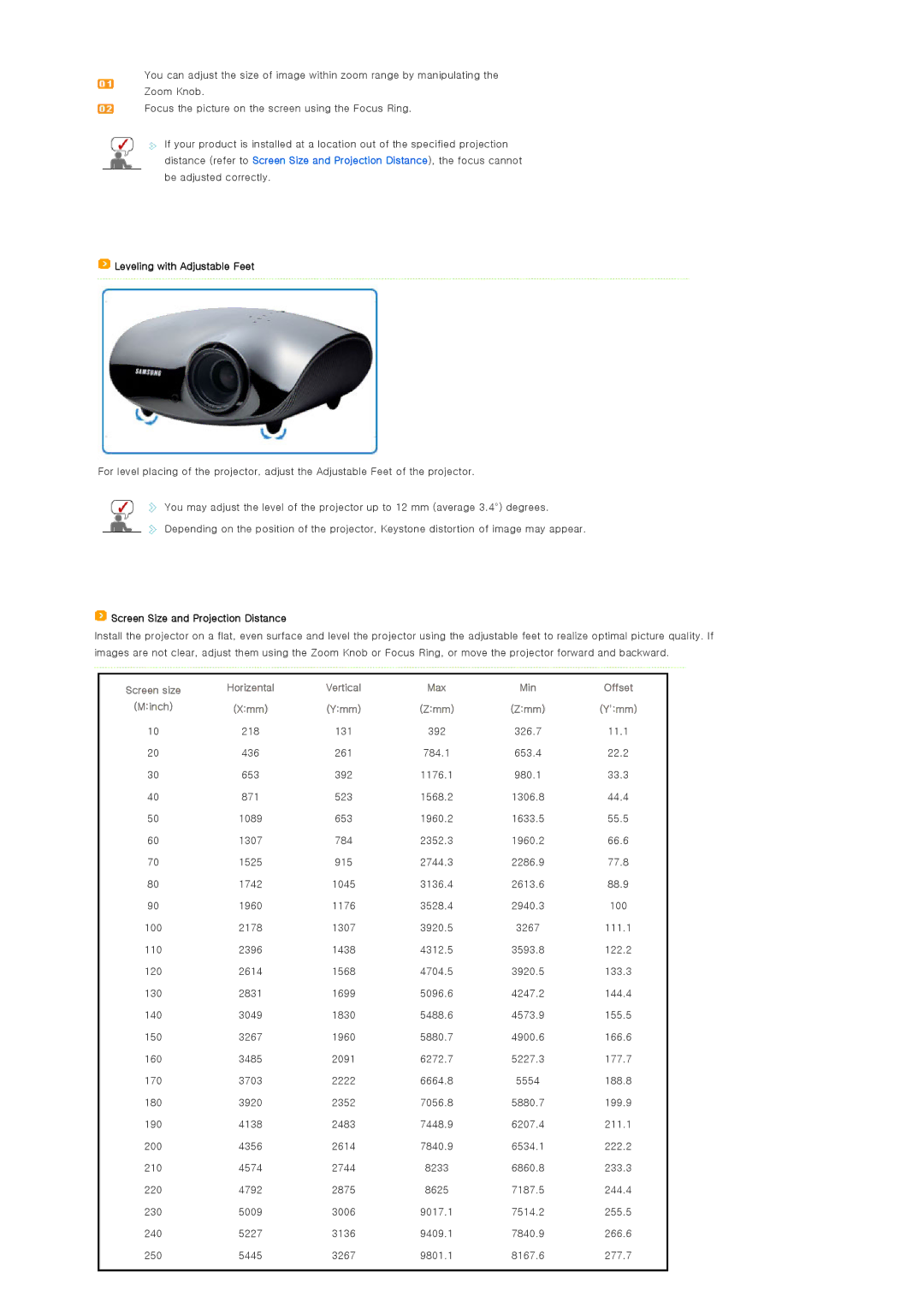 Samsung SPA400BX/EDC, SPA400BCX/EDC manual Leveling with Adjustable Feet, Screen Size and Projection Distance, Vertical, Ymm 