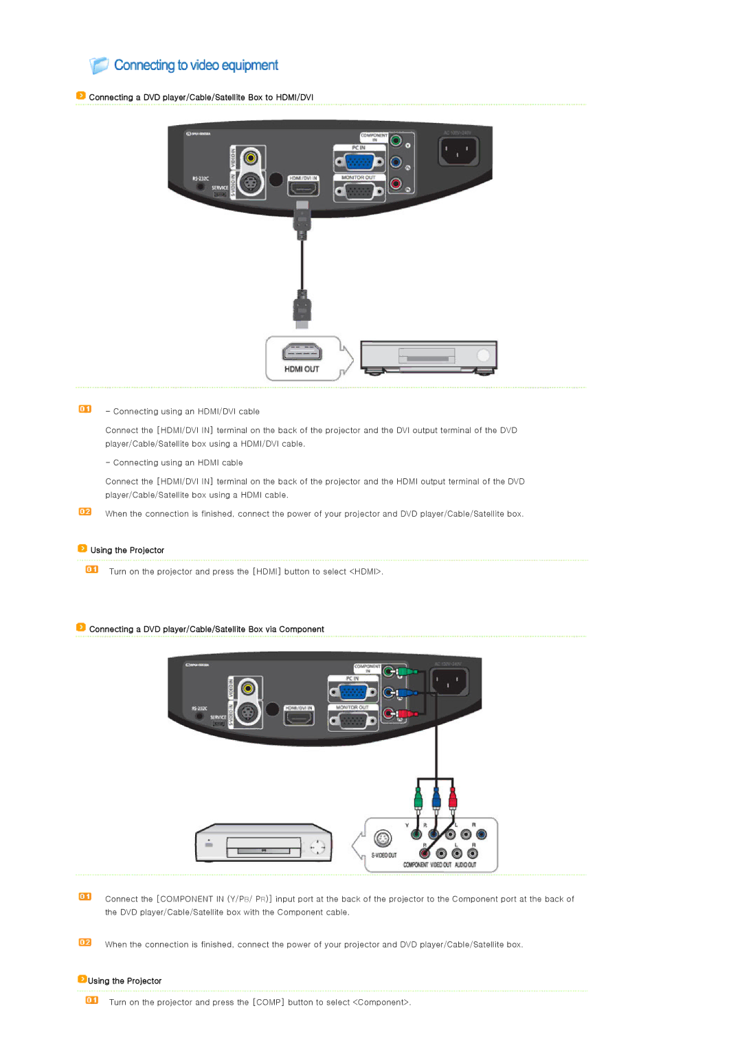 Samsung SPA400BCX/EDC, SPA400BX/EDC manual Connecting a DVD player/Cable/Satellite Box to HDMI/DVI, Using the Projector 