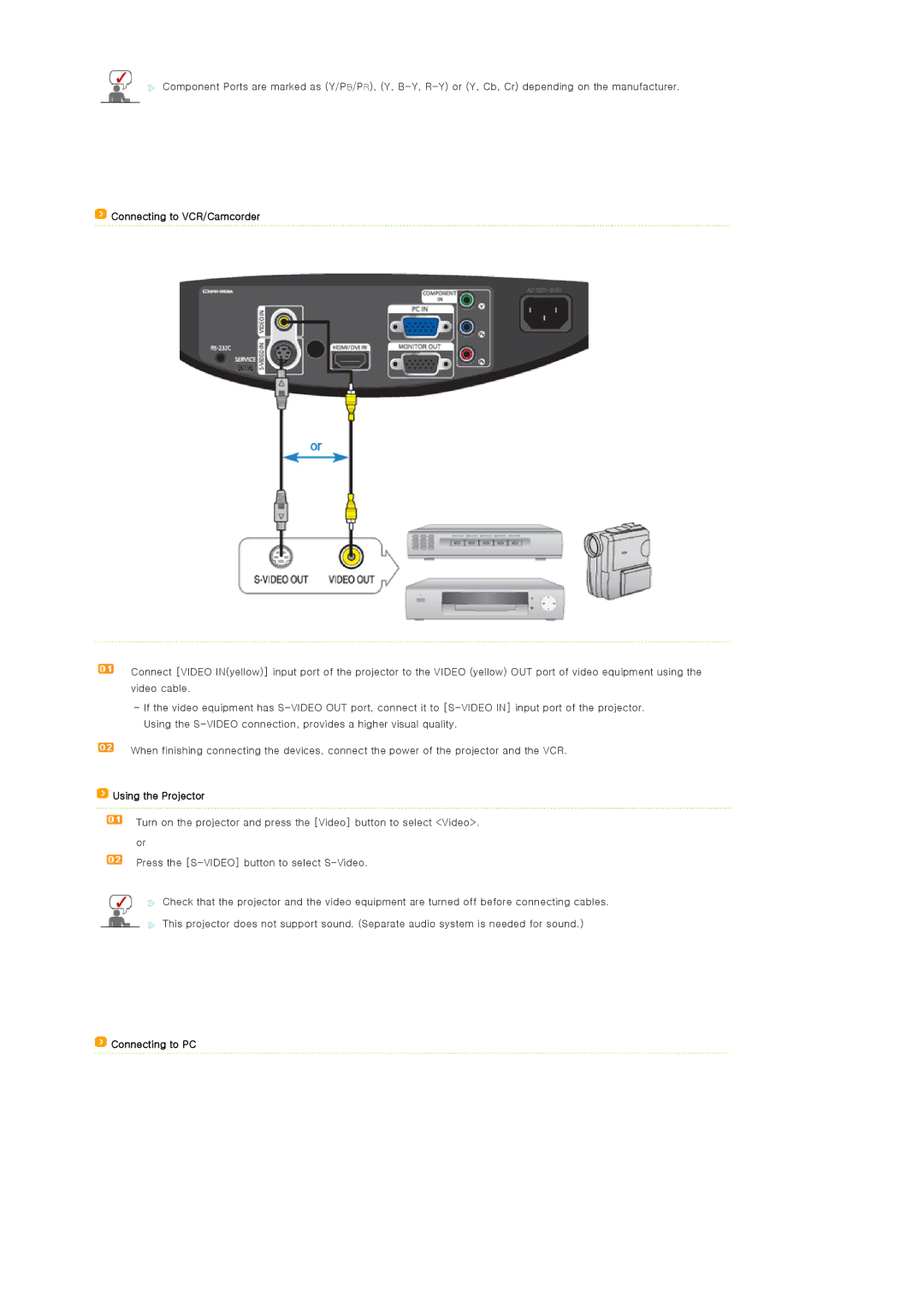 Samsung SPA400BX/EDC, SPA400BCX/EDC manual Connecting to VCR/Camcorder, Connecting to PC 