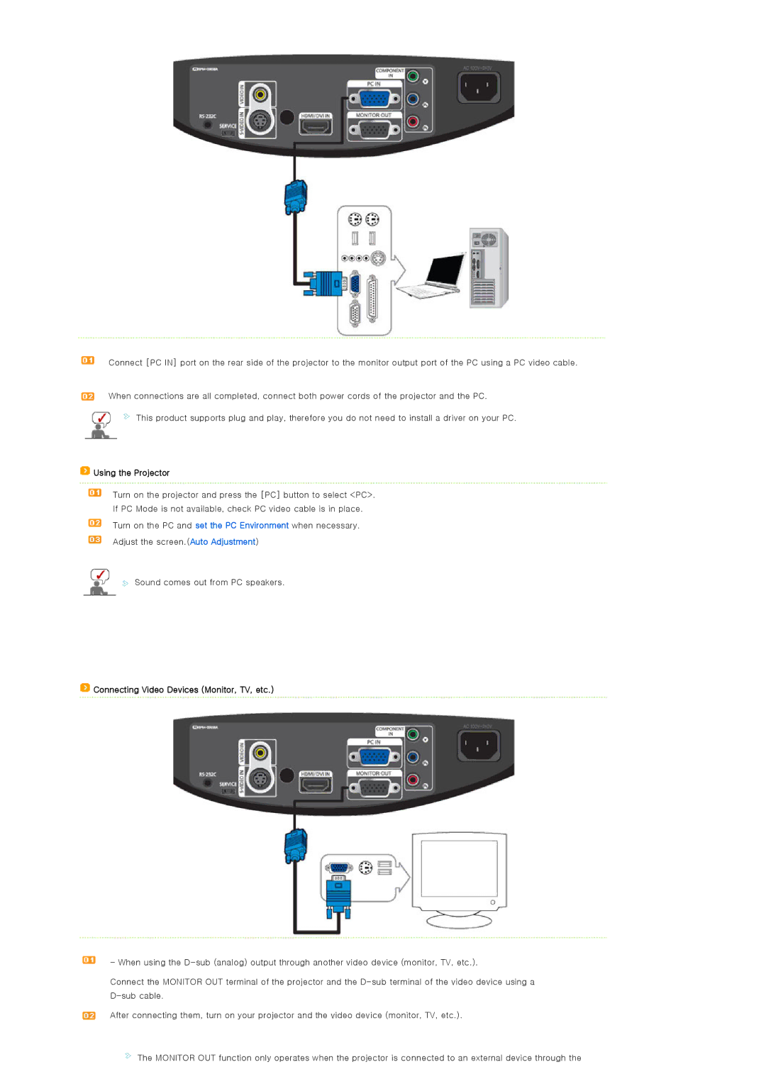 Samsung SPA400BCX/EDC, SPA400BX/EDC manual Connecting Video Devices Monitor, TV, etc 