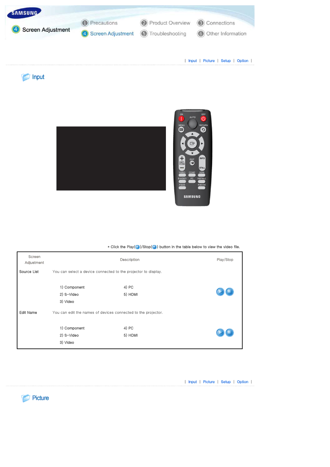 Samsung SPA400BCX/EDC, SPA400BX/EDC manual Screen DescriptionPlay/Stop Adjustment, Component Video 