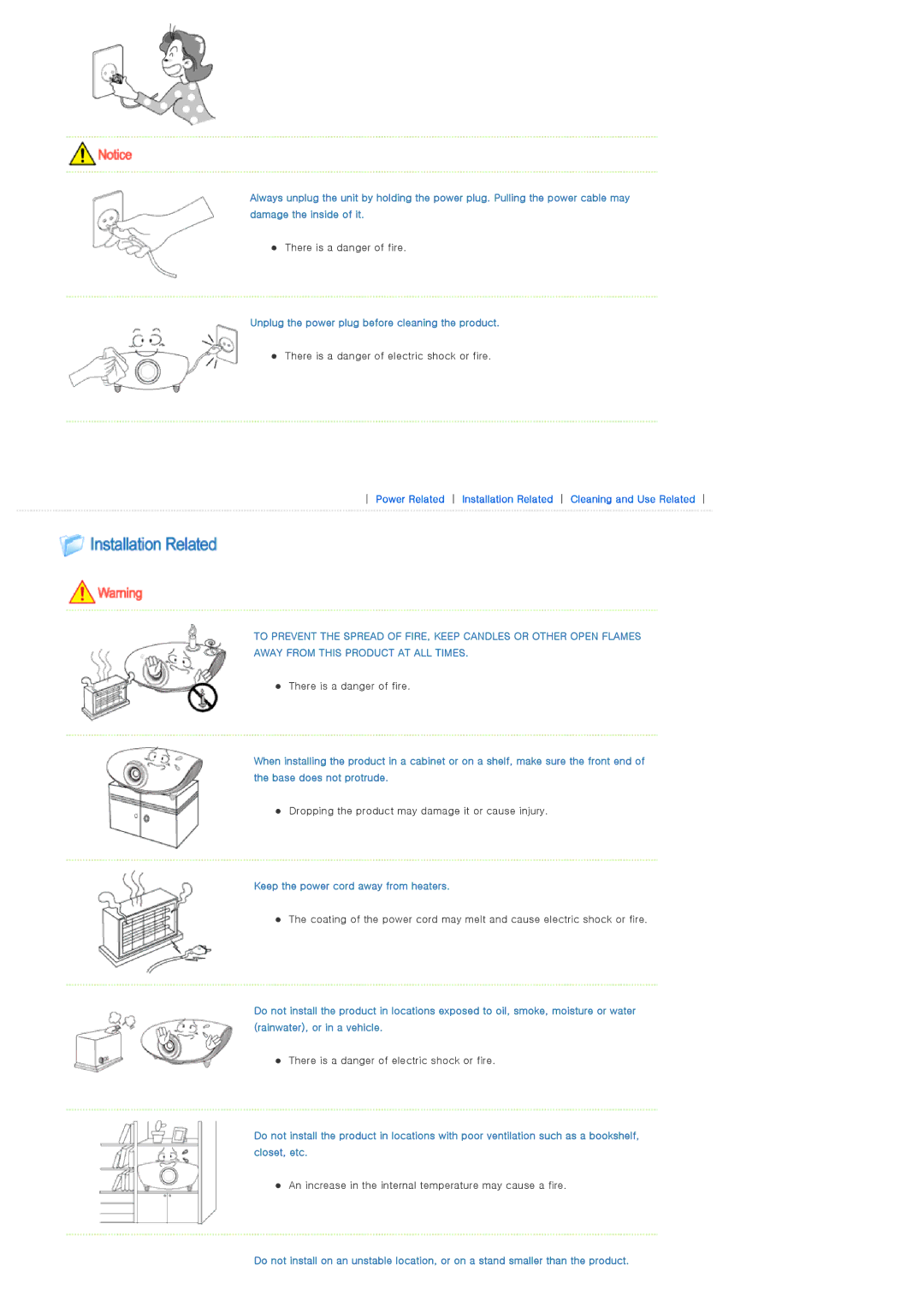 Samsung SPA400BX/EDC manual Unplug the power plug before cleaning the product, Keep the power cord away from heaters 