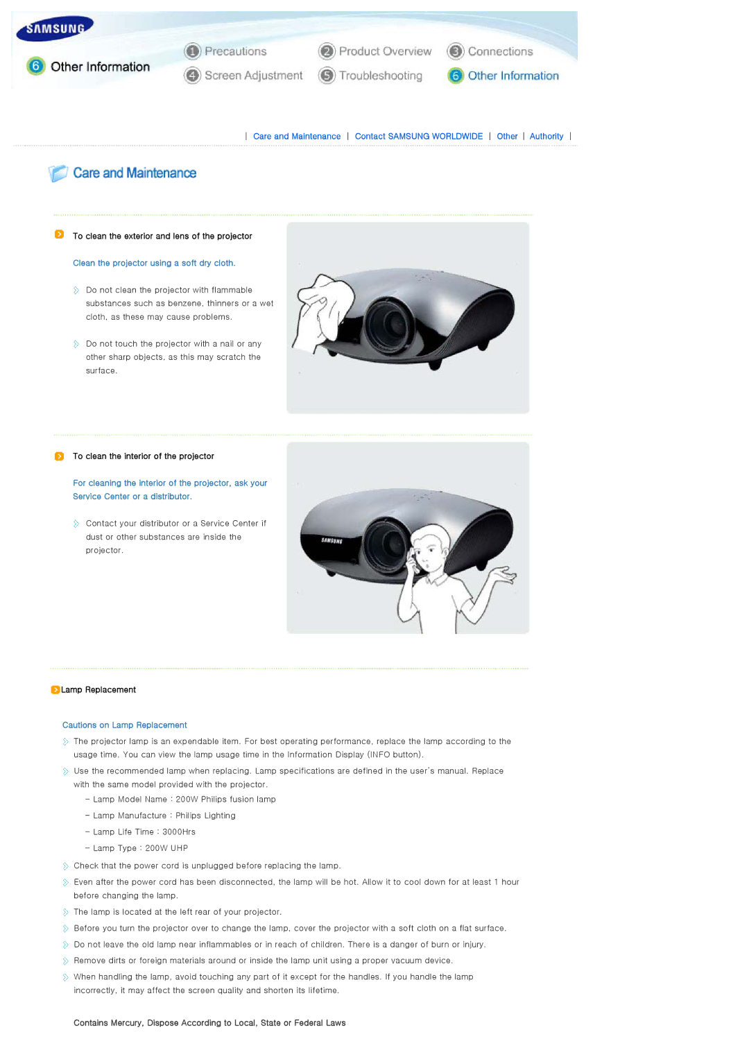 Samsung SPA400BCX/EDC manual To clean the exterior and lens of the projector, Clean the projector using a soft dry cloth 