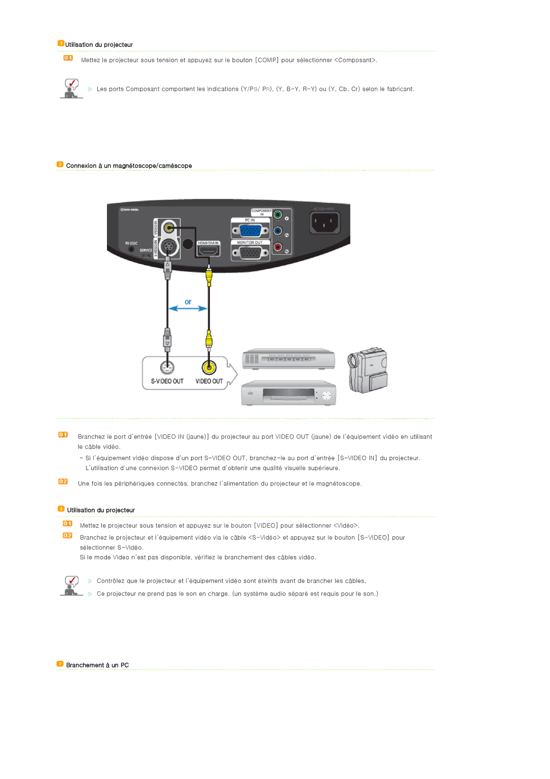 Samsung SPA400BCX/EDC, SPA400BX/EDC manual Connexion à un magnétoscope/caméscope, Branchement à un PC 