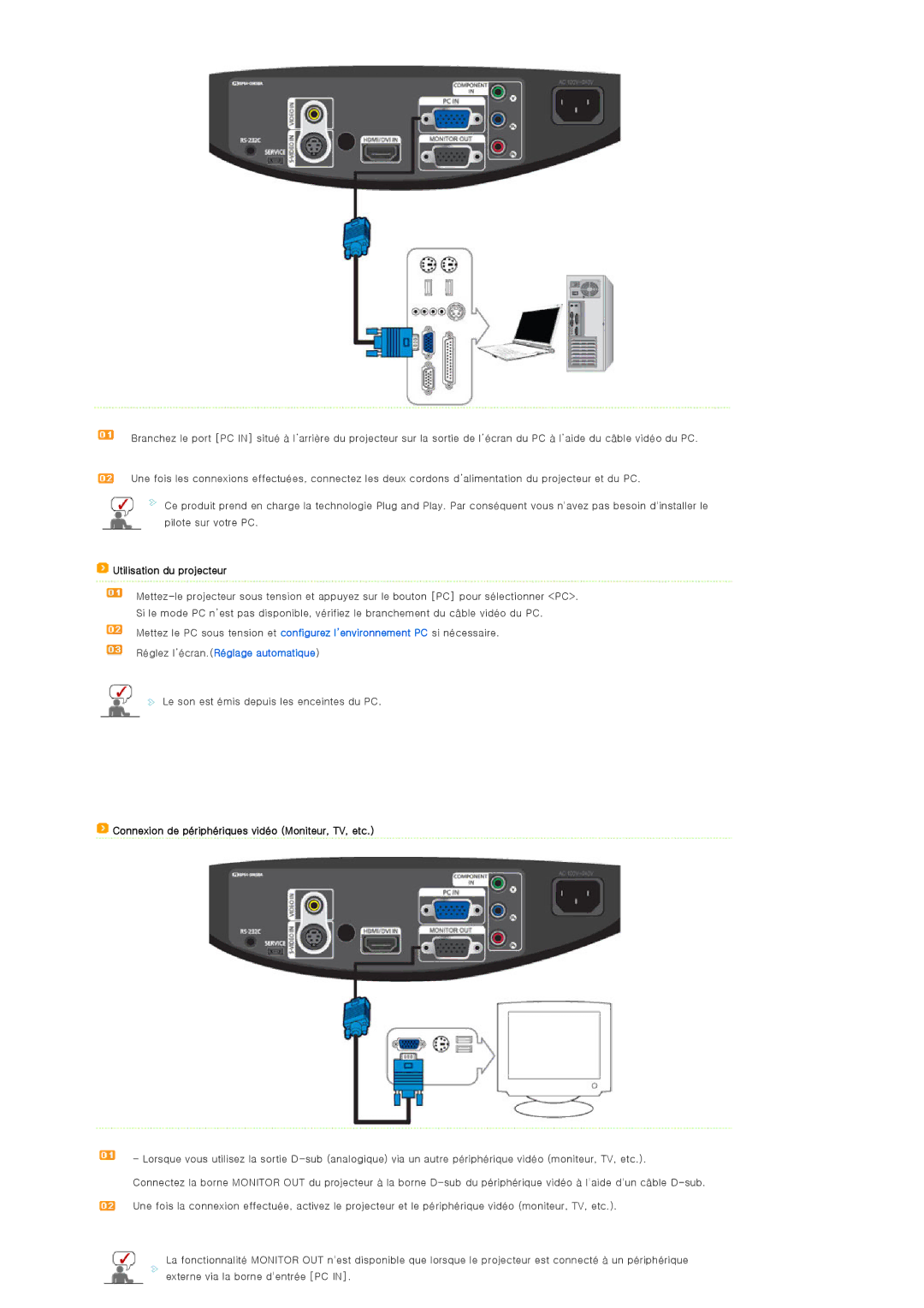 Samsung SPA400BX/EDC, SPA400BCX/EDC Réglez l’écran.Réglage automatique, Connexion de périphériques vidéo Moniteur, TV, etc 