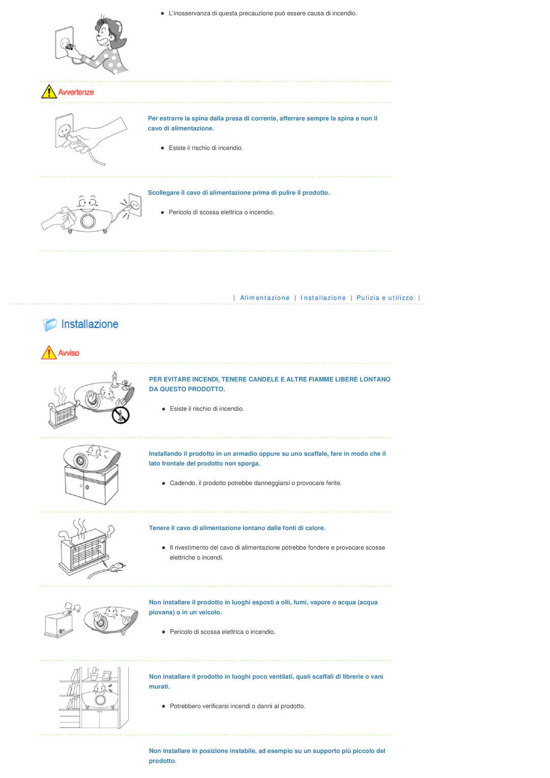 Samsung SPA400BX/EDC, SPA400BCX/EDC manual Potrebbero verificarsi incendi o danni al prodotto 