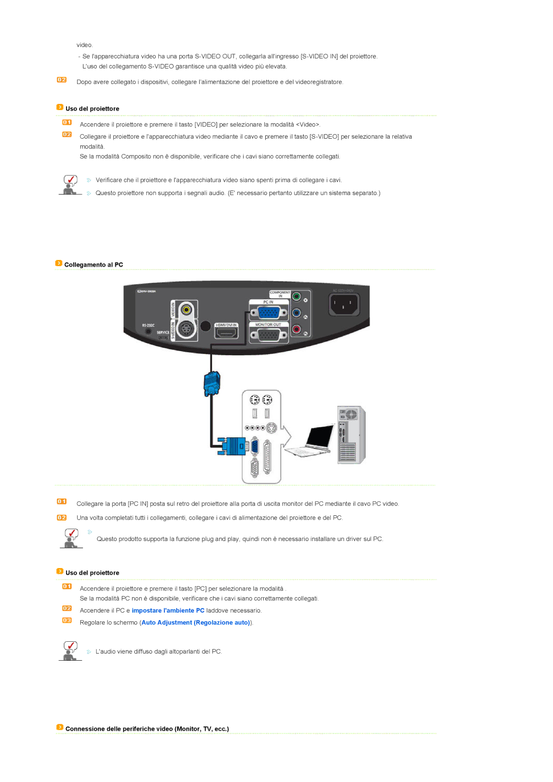 Samsung SPA400BCX/EDC, SPA400BX/EDC manual Collegamento al PC, Connessione delle periferiche video Monitor, TV, ecc 