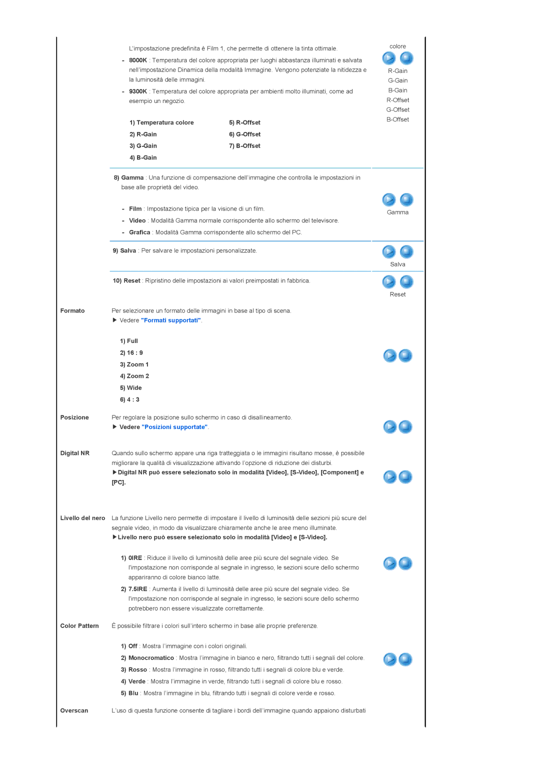 Samsung SPA400BCX/EDC, SPA400BX/EDC manual Temperatura colore, Gain, Full, Zoom, Wide, Digital NR, Overscan 