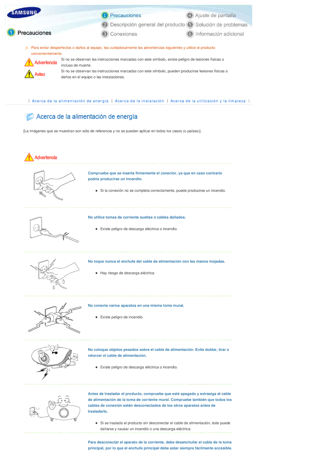 Samsung SPA400BCX/EDC, SPA400BX/EDC manual No utilice tomas de corriente sueltas o cables dañados 