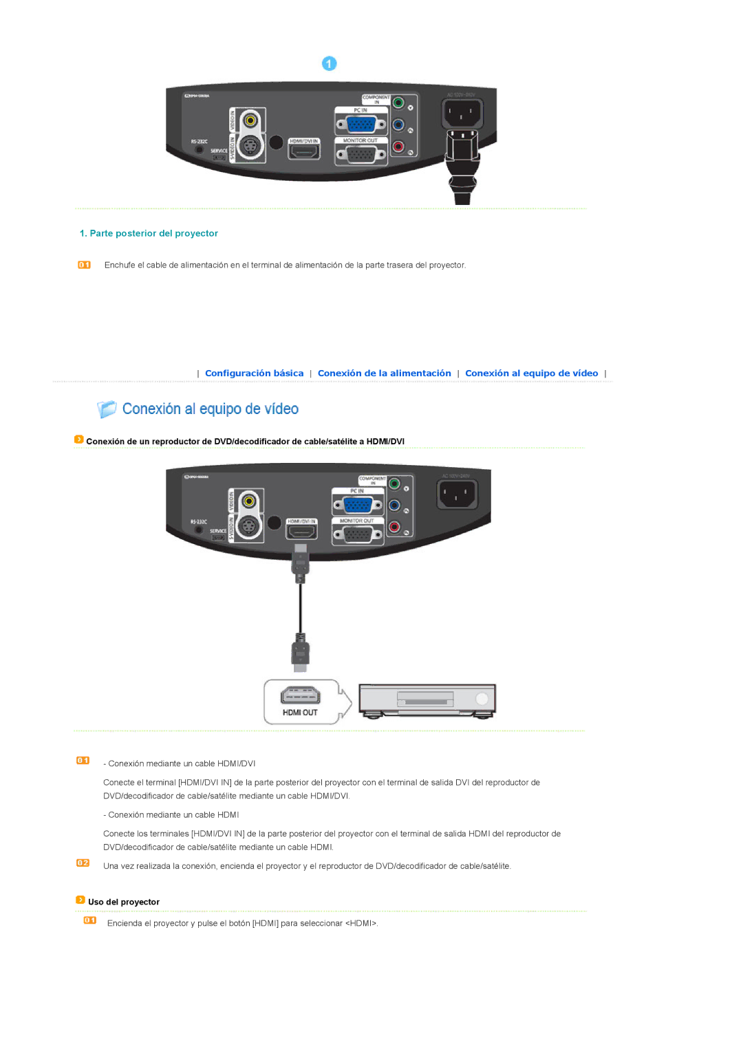 Samsung SPA400BCX/EDC, SPA400BX/EDC manual Parte posterior del proyector, Uso del proyector 