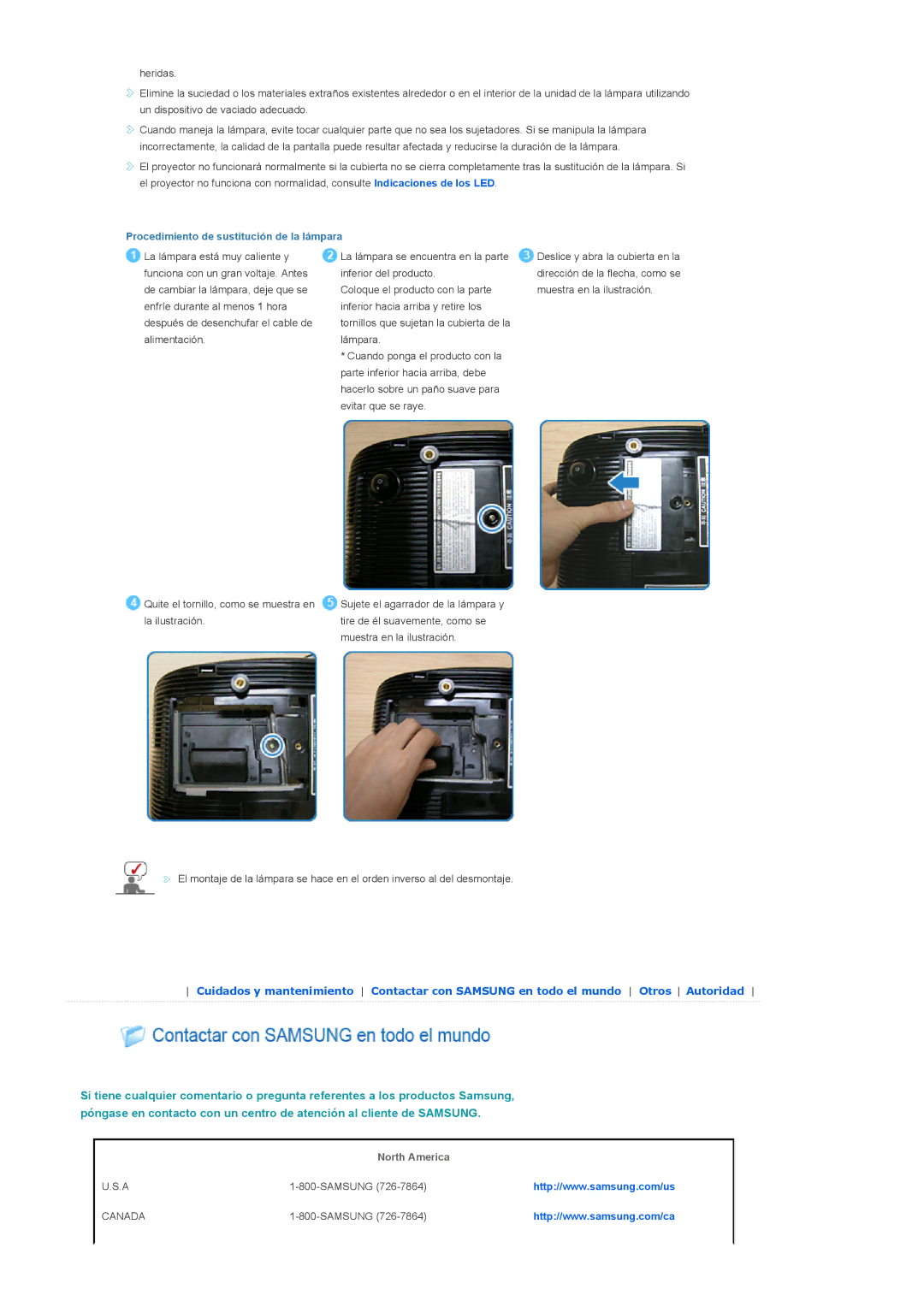 Samsung SPA400BCX/EDC, SPA400BX/EDC manual Procedimiento de sustitución de la lámpara, North America 