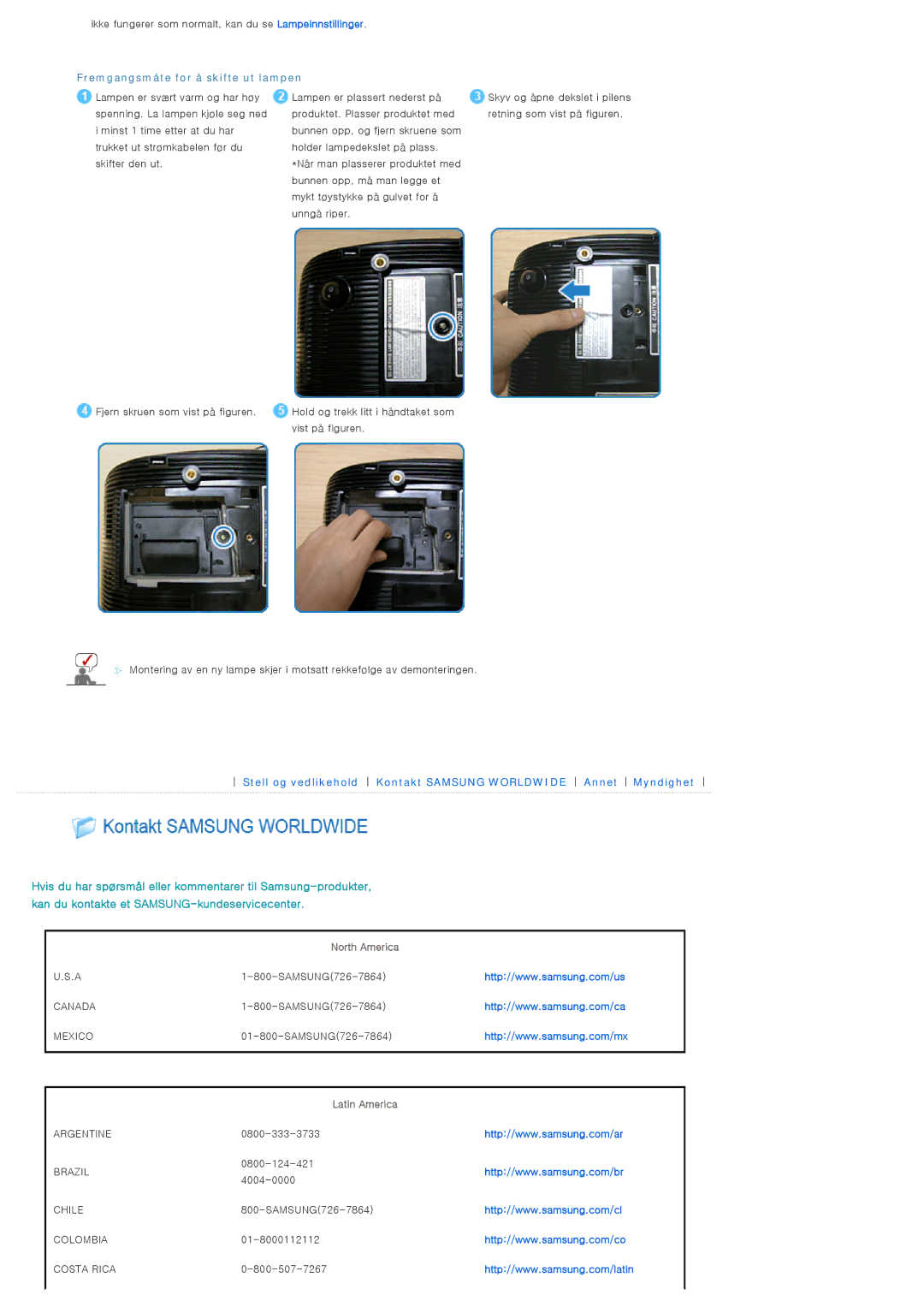 Samsung SPA400BCX/EDC, SPA400BX/EDC manual Fremgangsmåte for å skifte ut lampen, North America, Latin America 