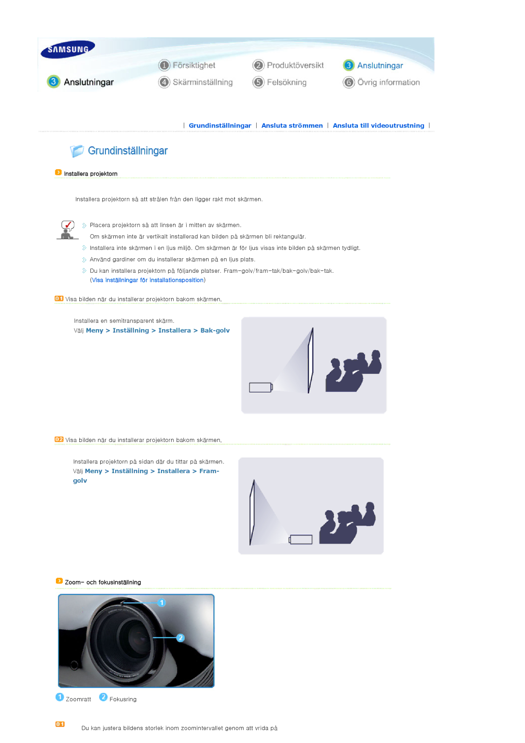 Samsung SPA400BCX/EDC manual Installera projektorn, Välj Meny Inställning Installera Bak-golv, Zoom- och fokusinställning 