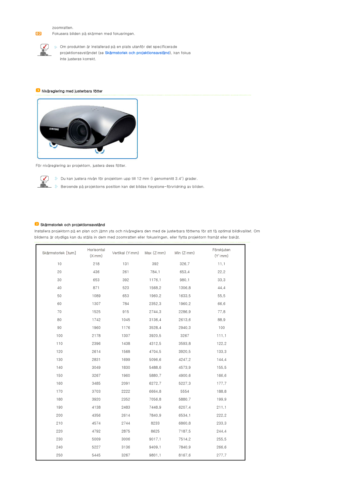 Samsung SPA400BX/EDC manual Nivåreglering med justerbara fötter, Skärmstorlek och projektionsavstånd, Skärmstorlek tum, Ymm 