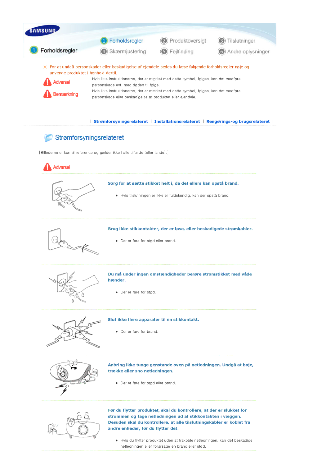 Samsung SPA400BCX/EDC, SPA400BX/EDC manual Slut ikke flere apparater til én stikkontakt 