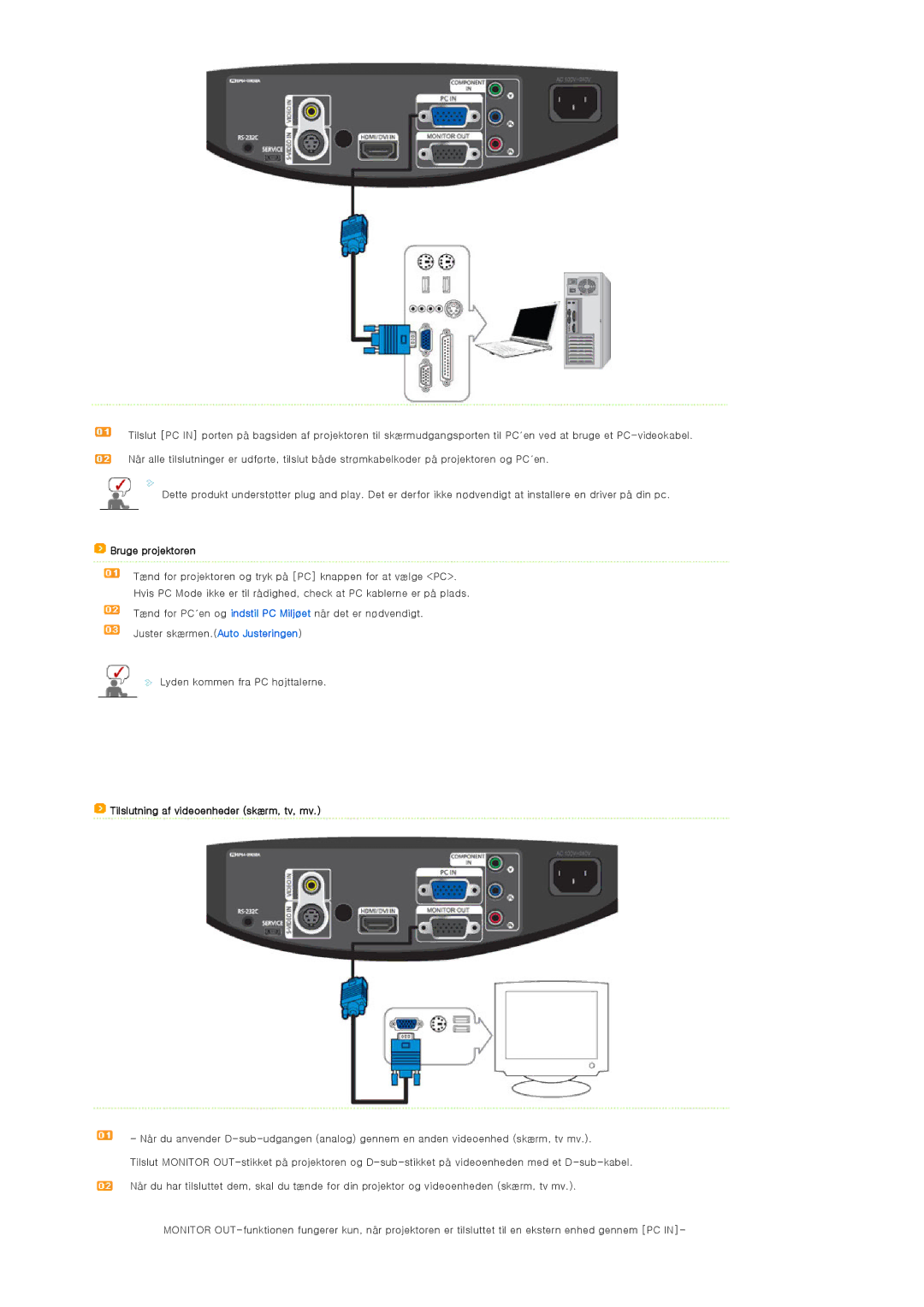 Samsung SPA400BCX/EDC, SPA400BX/EDC manual Tilslutning af videoenheder skærm, tv, mv 