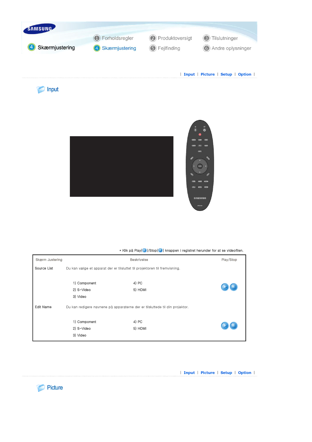 Samsung SPA400BCX/EDC, SPA400BX/EDC manual Skærm Justering Beskrivelse, Component Video 