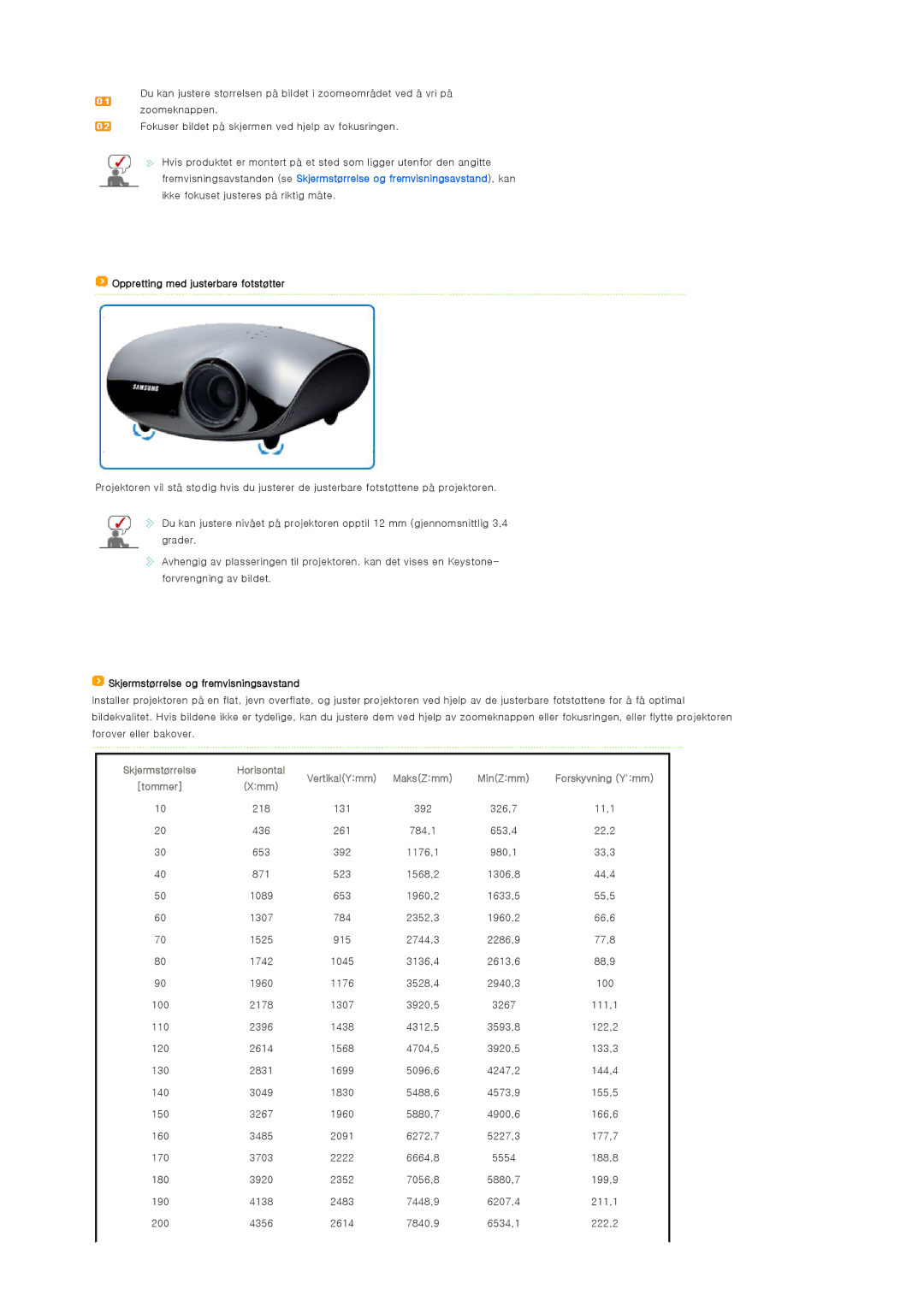 Samsung SPA400BX/EDC, SPA400BCX/EDC Oppretting med justerbare fotstøtter, Skjermstørrelse og fremvisningsavstand, Tommer 