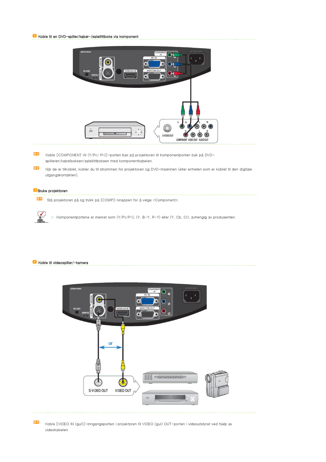 Samsung SPA400BX/EDC manual Koble til en DVD-spiller/kabel-/satellittboks via komponent, Koble til videospiller/-kamera 