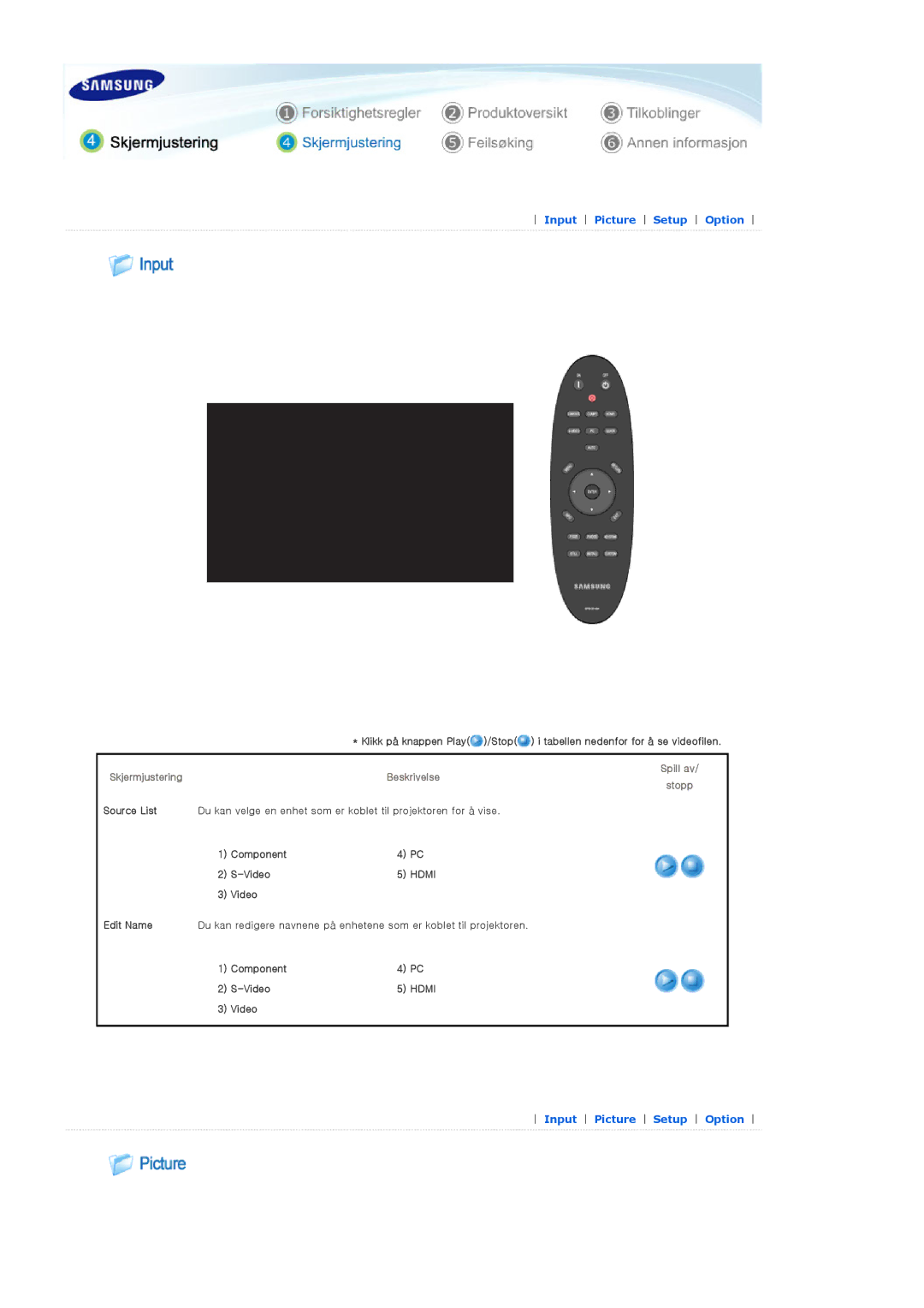 Samsung SPA400BCX/EDC, SPA400BX/EDC manual Spill av SkjermjusteringBeskrivelse Stopp, Component Video 