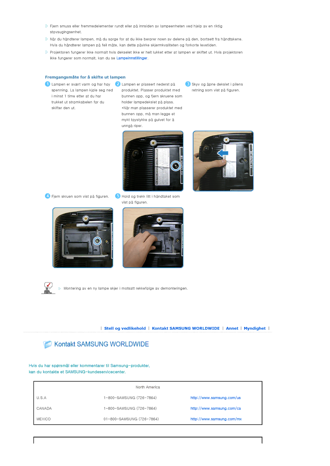 Samsung SPA400BCX/EDC, SPA400BX/EDC manual Fremgangsmåte for å skifte ut lampen, North America 