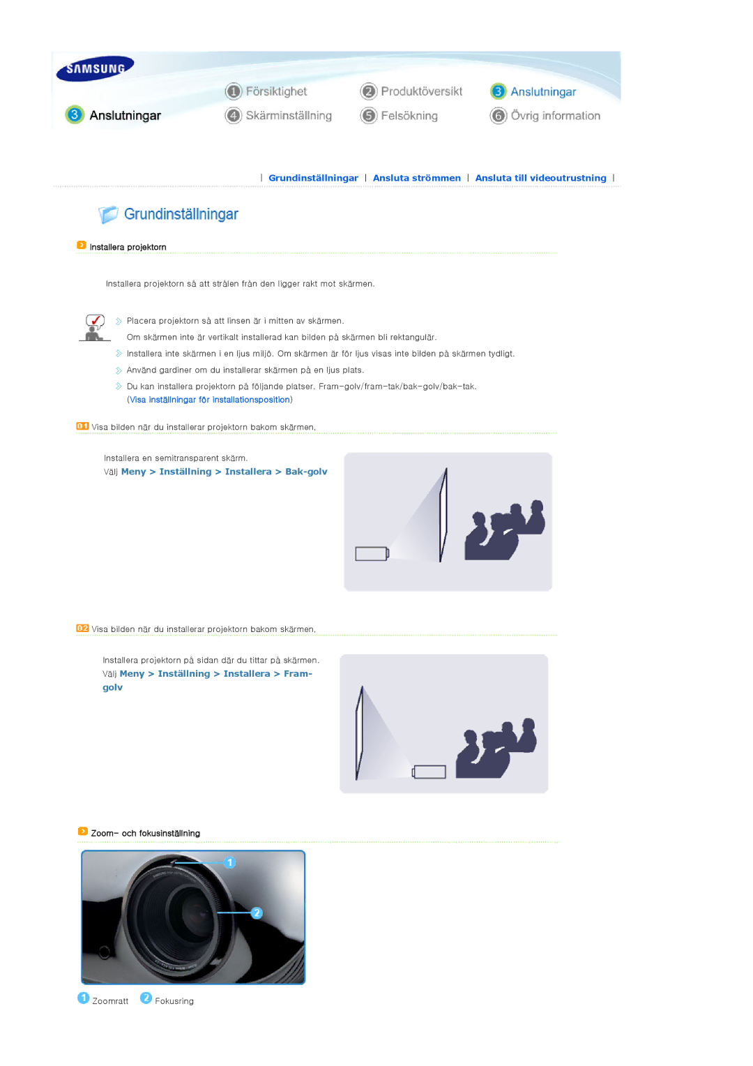 Samsung SPA400BCX/EDC manual Installera projektorn, Välj Meny Inställning Installera Bak-golv, Zoom- och fokusinställning 