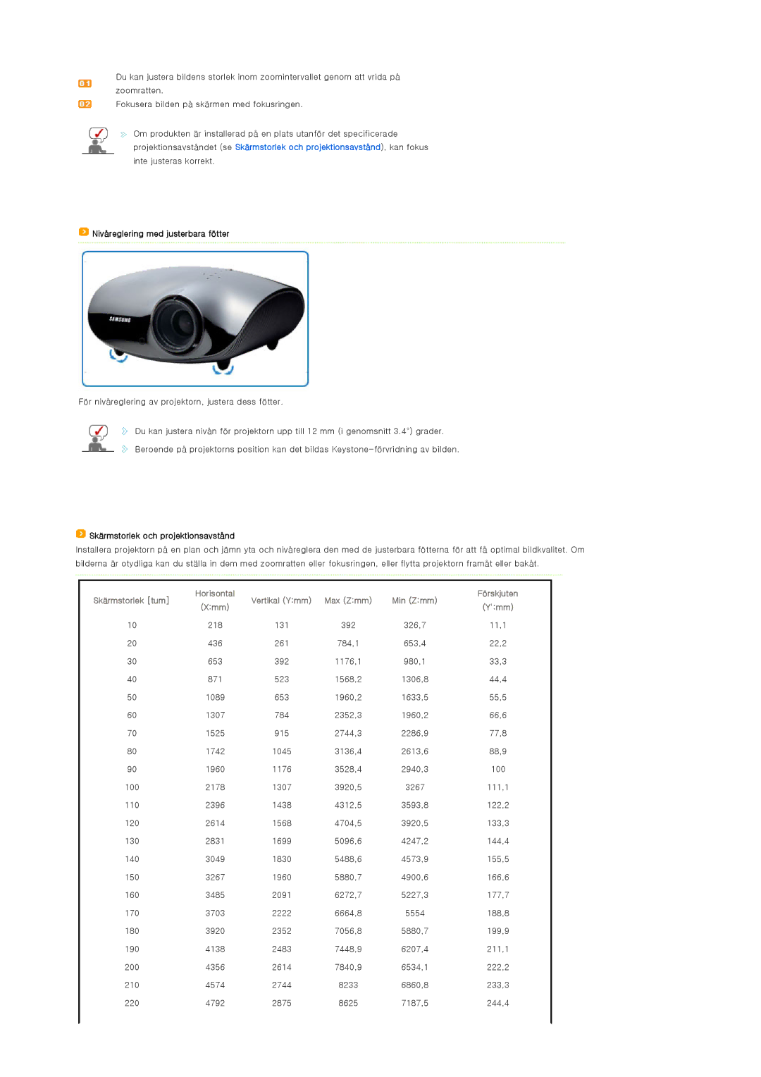 Samsung SPA400BX/EDC manual Nivåreglering med justerbara fötter, Skärmstorlek och projektionsavstånd, Skärmstorlek tum, Ymm 