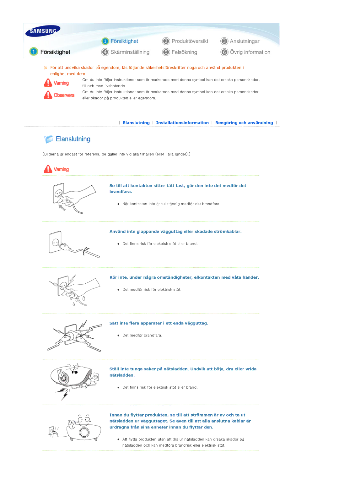 Samsung SPA400BCX/EDC, SPA400BX/EDC manual Använd inte glappande vägguttag eller skadade strömkablar 