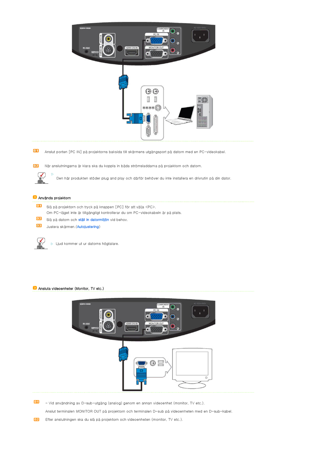 Samsung SPA400BCX/EDC, SPA400BX/EDC manual Ansluta videoenheter Monitor, TV etc 