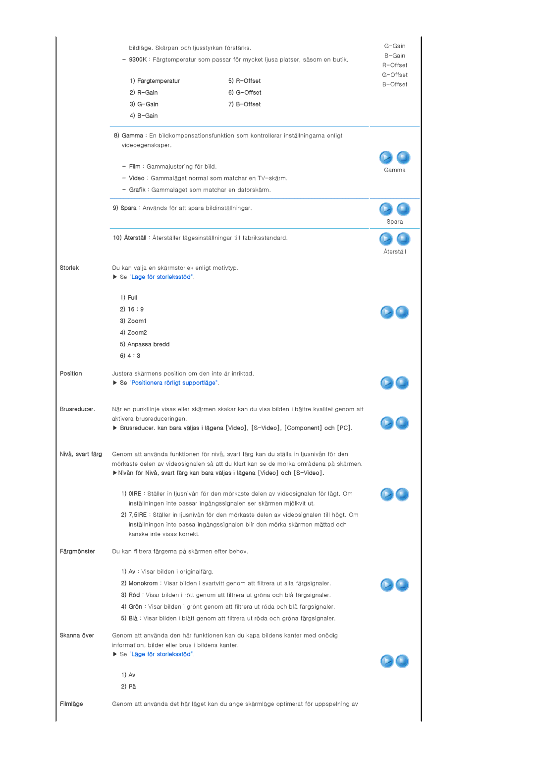 Samsung SPA400BCX/EDC Färgtemperatur Offset Gain, Storlek Du kan välja en skärmstorlek enligt motivtyp, Full, Zoom1, Zoom2 