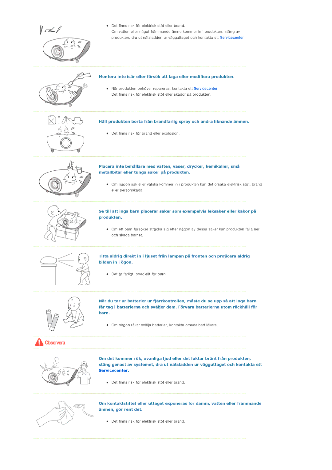 Samsung SPA400BX/EDC, SPA400BCX/EDC manual Det finns risk för brand eller explosion 