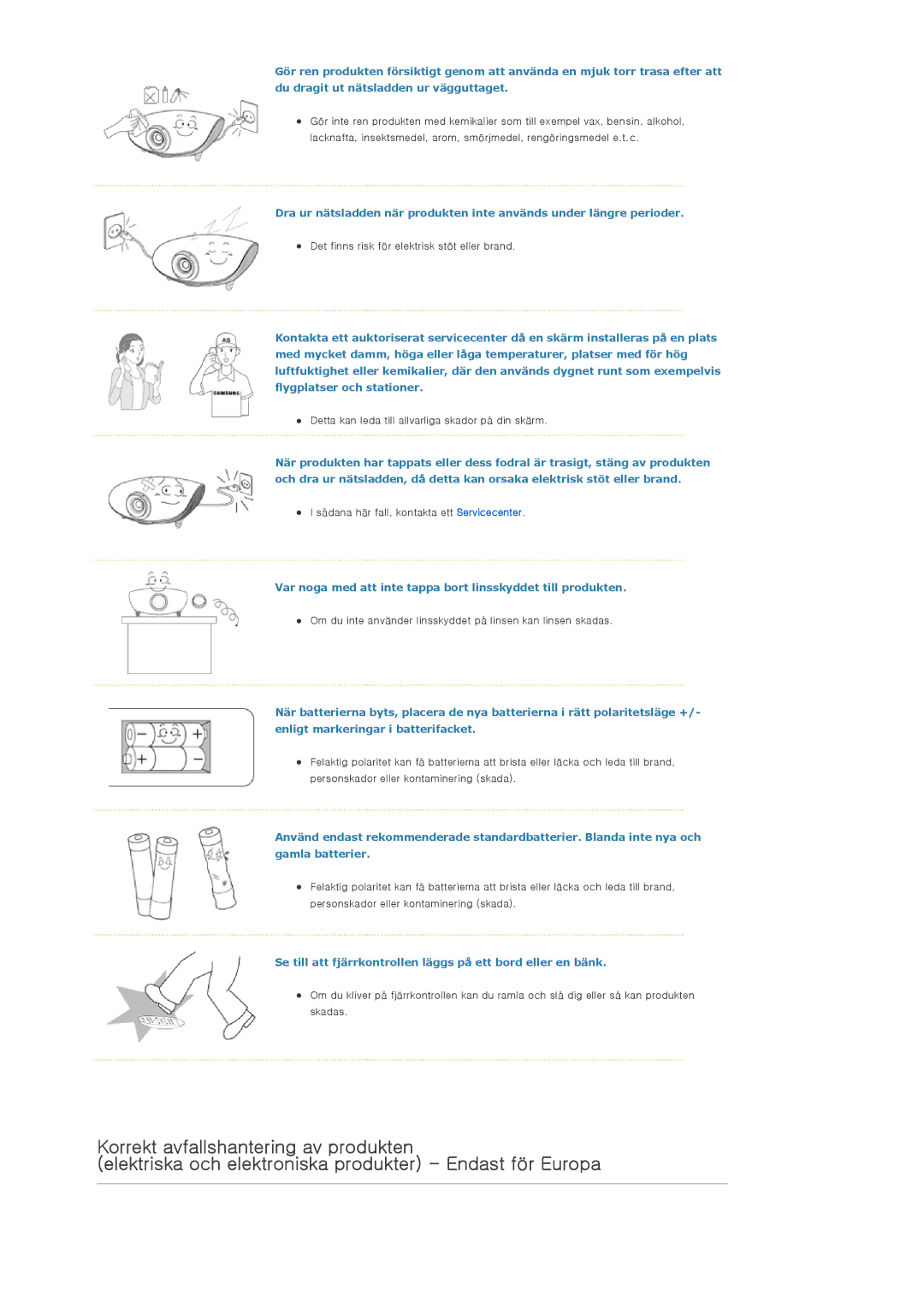 Samsung SPA400BCX/EDC, SPA400BX/EDC manual Var noga med att inte tappa bort linsskyddet till produkten 