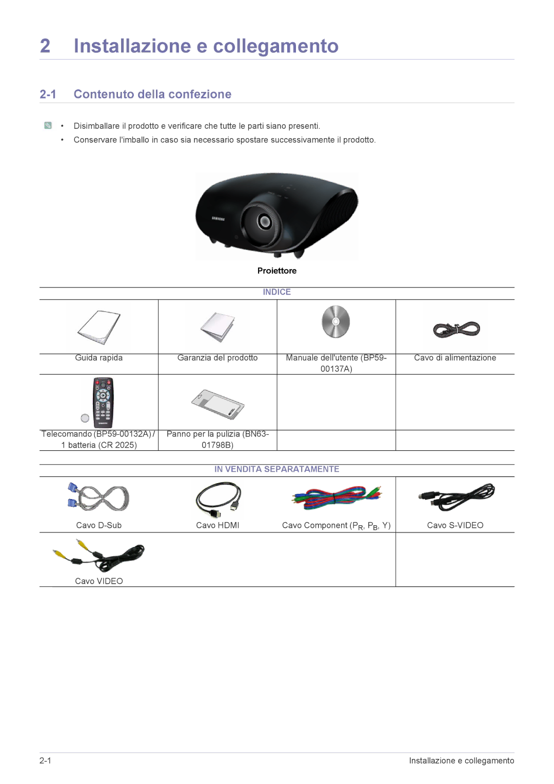 Samsung SPA600BX/EN manual Contenuto della confezione, Indice, Vendita Separatamente 