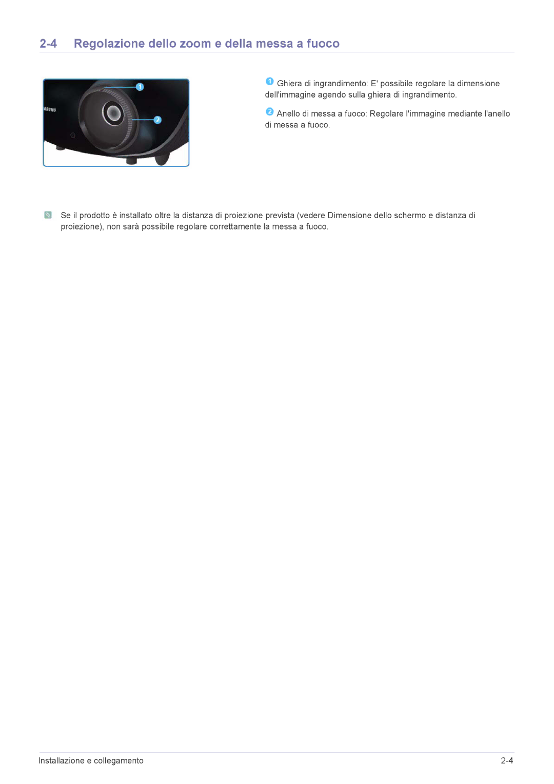 Samsung SPA600BX/EN manual Regolazione dello zoom e della messa a fuoco 