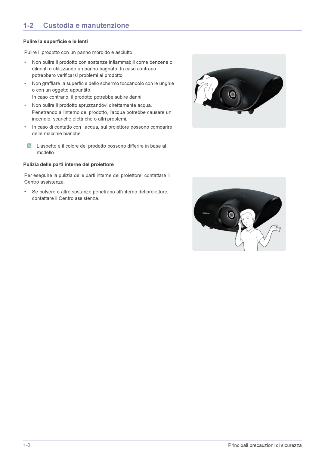 Samsung SPA600BX/EN Custodia e manutenzione, Pulire la superficie e le lenti, Pulizia delle parti interne del proiettore 