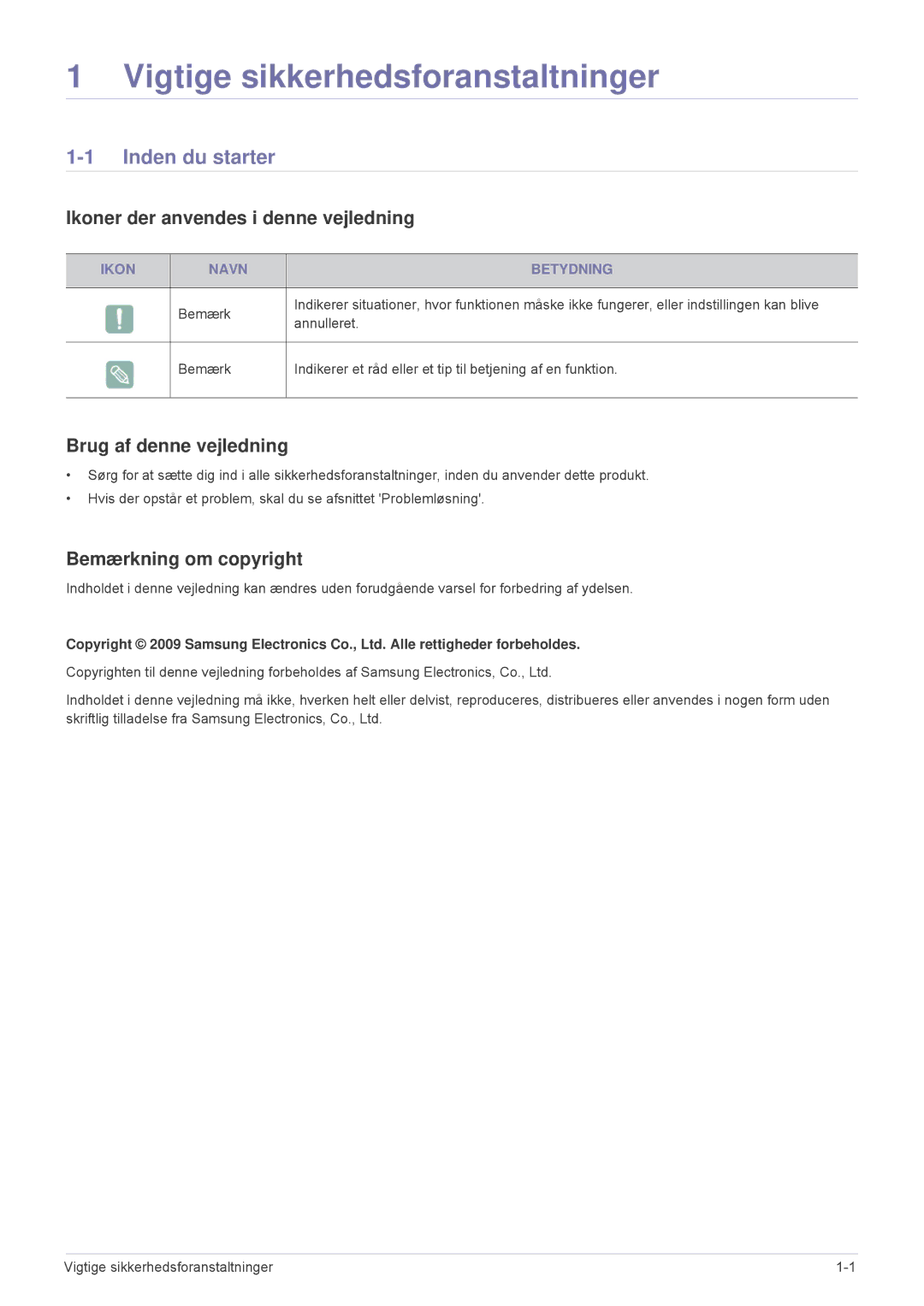 Samsung SPA600BX/EN manual Vigtige sikkerhedsforanstaltninger, Inden du starter, Ikoner der anvendes i denne vejledning 